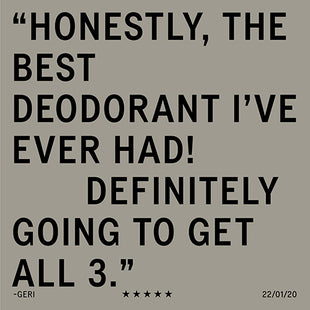 Customer review praising a deodorant with a five-star rating.
