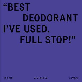 Testimonial on purple background praising deodorant as the best with a five-star rating.